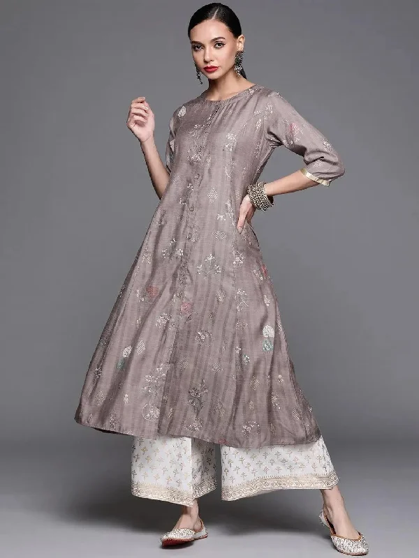 Grey Printed Cotton Silk Kurta