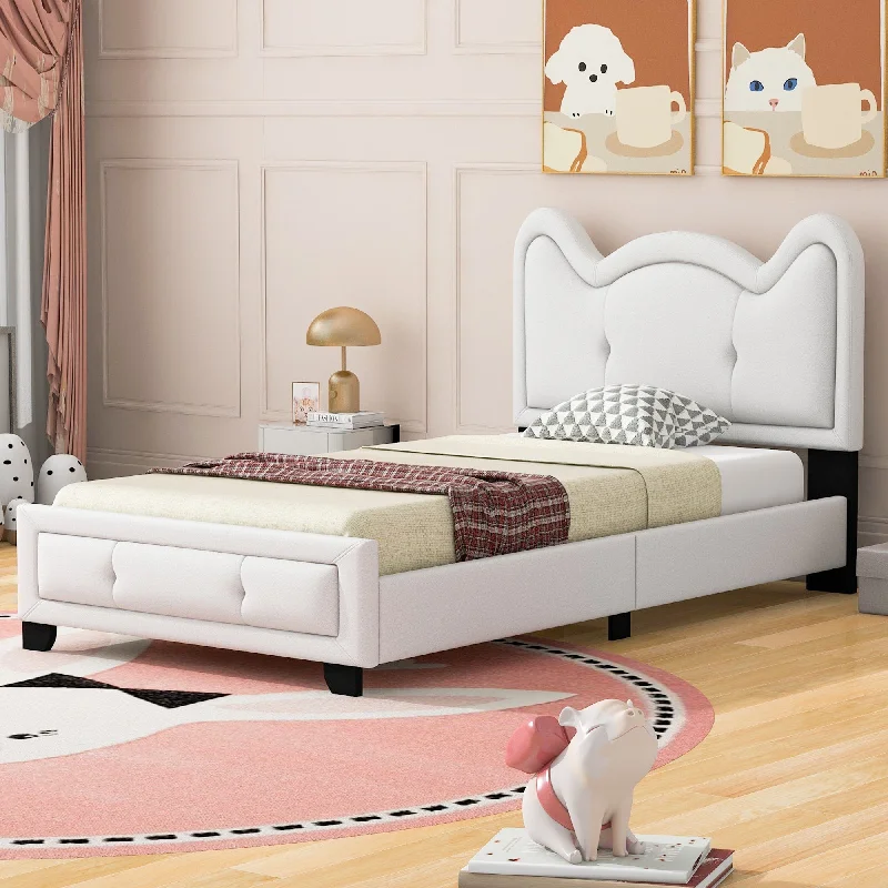 Twin Upholstered Platform Bed with Carton Ears Shaped Headboard