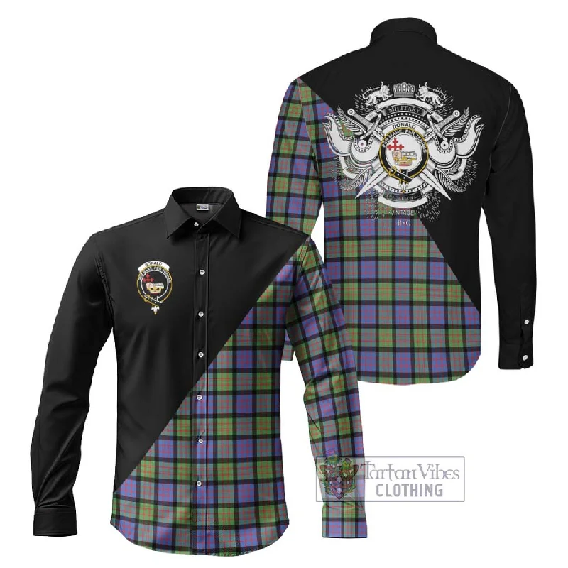 Donald Ancient Tartan Long Sleeve Button Shirt with Family Crest and Military Logo Style Donald Ancient Tartan Long Sleeve Button Shirt with Family Crest and Military Logo Style