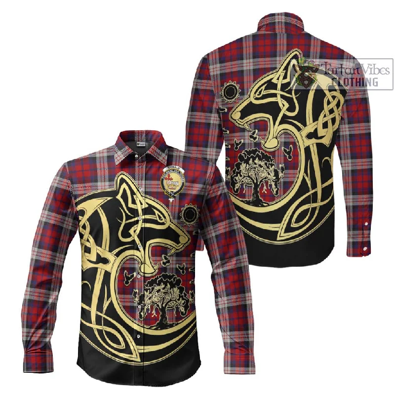 Donald Dress Irish Tartan Long Sleeve Button Shirt with Family Crest Celtic Wolf Style Donald Dress Irish Tartan Long Sleeve Button Shirt with Family Crest Celtic Wolf Style