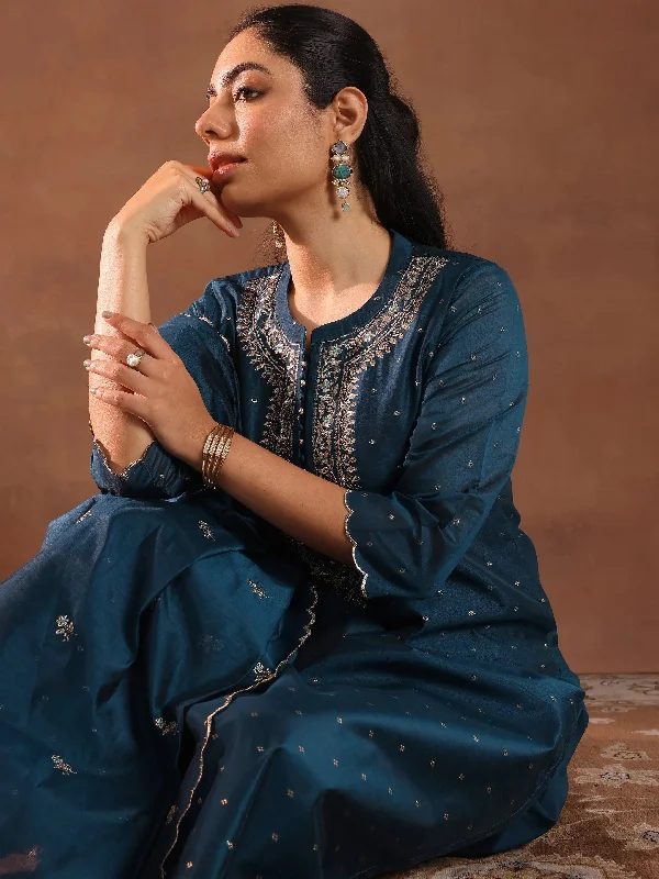 Navy Blue Woven Design Chanderi Silk Straight Suit With Dupatta