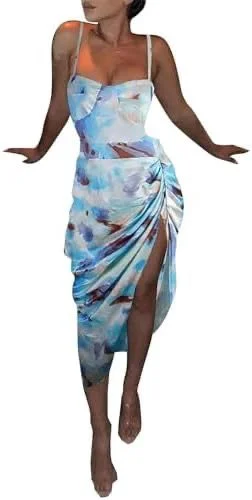 Sexy Blue Dress for Women Printed Midi Pleated Slit Strap Dress Slim Maxi Dresses   519015