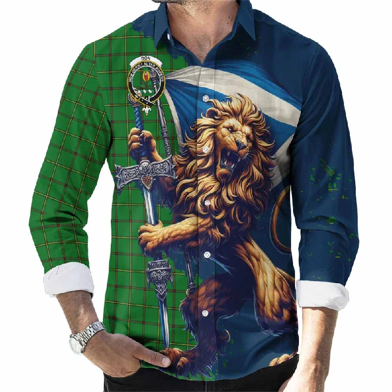 Don Tartan Family Crest Long Sleeve Button Shirt with Scottish Majestic Lion