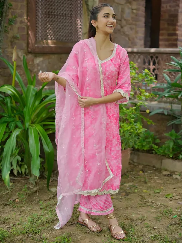 Pink Printed Cotton Straight Suit With Dupatta