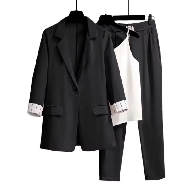3Pcs/Set Autumn Women Vest Pants Set Solid Color Turn-down Collar Elastic Waist Blazer  490881