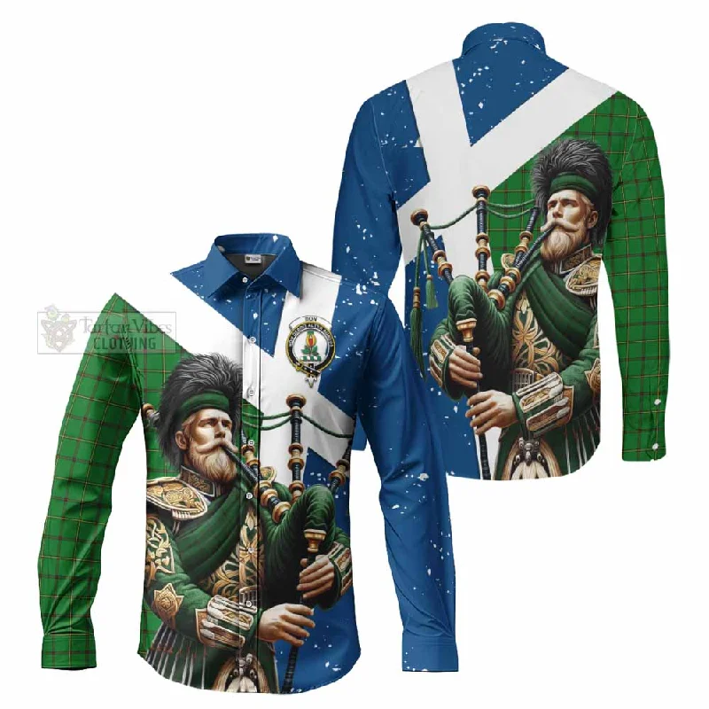 Don Tartan Long Sleeve Button Shirt with Family Crest Scottish Bagpiper Vibes