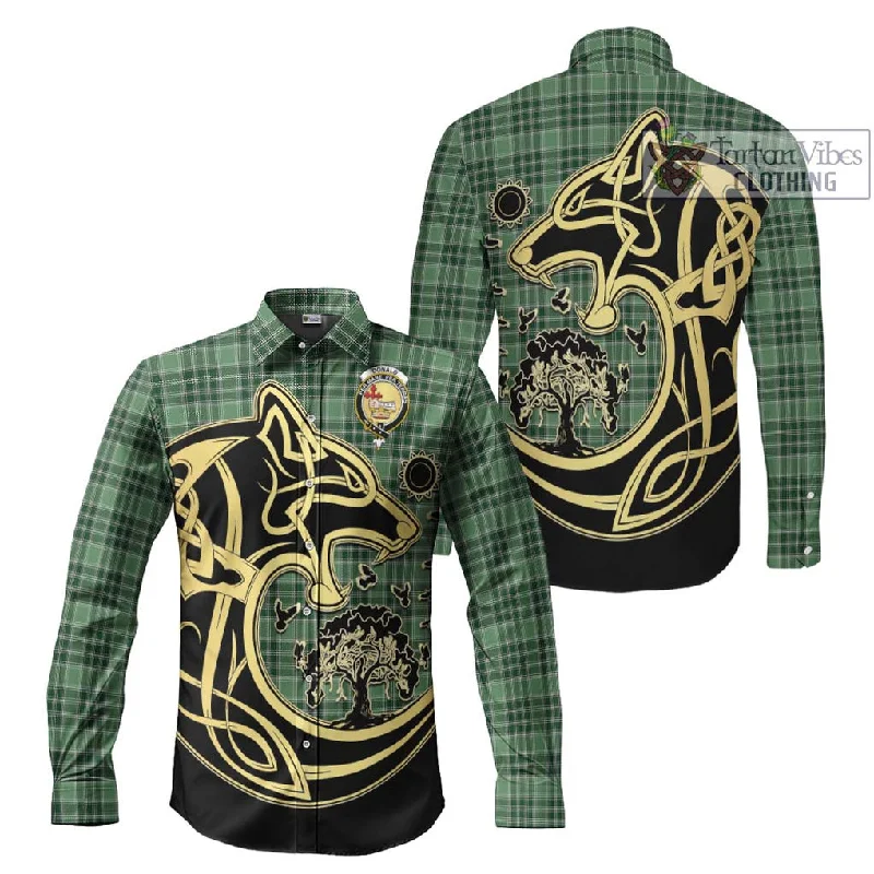 Donald Lord of the Isles Hunting Tartan Long Sleeve Button Shirt with Family Crest Celtic Wolf Style Donald Lord of the Isles Hunting Tartan Long Sleeve Button Shirt with Family Crest Celtic Wolf Style
