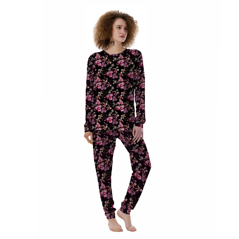 Flower Embroidery Orchid Print Pattern Women's Pajamas Best pajama sets for hot sleepers