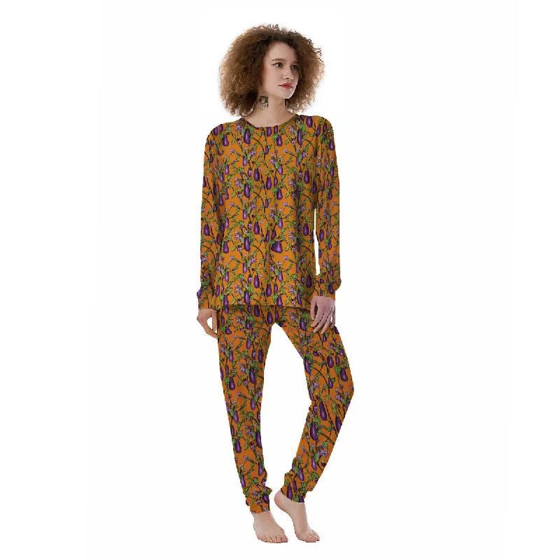 Flowers And Eggplant With Leaves Print Women's Pajamas Elegant pajama sets