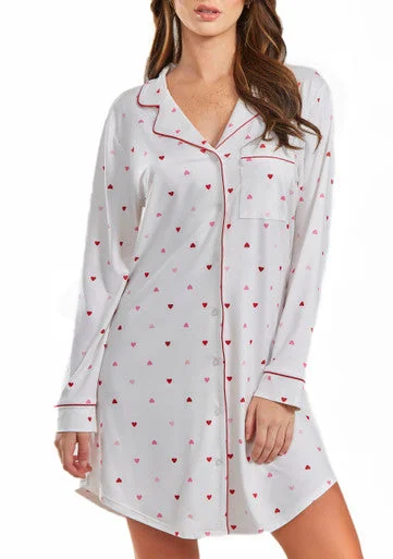 Lilly Heart Print Button Down Sleep Shirt with Contrast Red Trim Plus size pajama sets