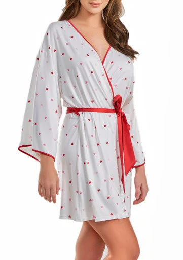 Lilly Heart Print Robe with contrast Self Tie Sash and Red Trim Best pajama sets for sensitive skin