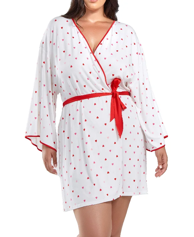 Lilly Plus Size Heart Print Robe with Contrast Self Tie Sash and Red Trim Kids' pajama sets