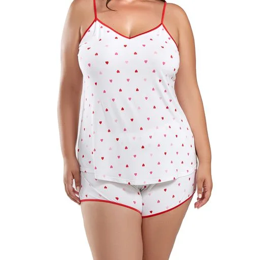 Lilly Plus Size Heart Printed PJ Short Set Trimmed in Red Luxury pajama sets