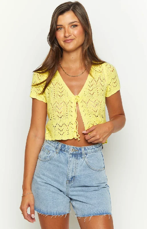 Dahlia Yellow Front Tie Cardigan Sporty sweaters