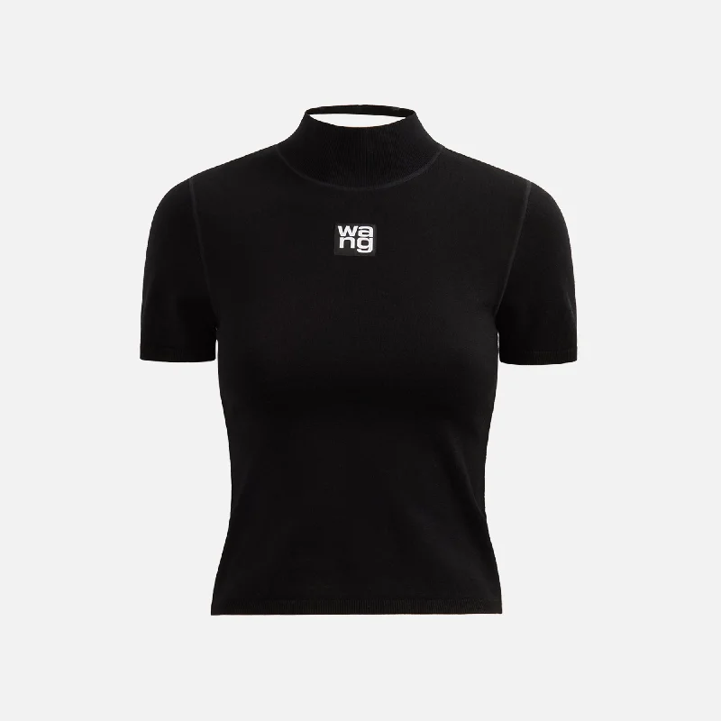 T by Alexander Wang Foundation Bodycon Mock Neck Top with Logo Patch - Black Thanksgiving sweaters