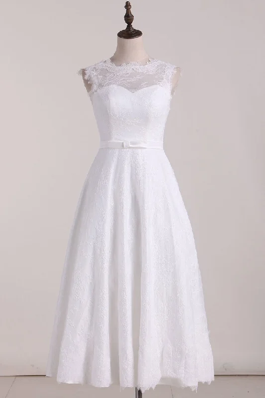 A Line Wedding Dresses Scoop Lace With Sash Tea-Length Sparkle Bridal Dress