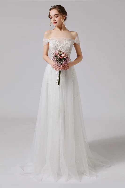 A-Line Sweep-Brush Train Lace Tulle Wedding Dress CW2716 Long Sleeve Gown