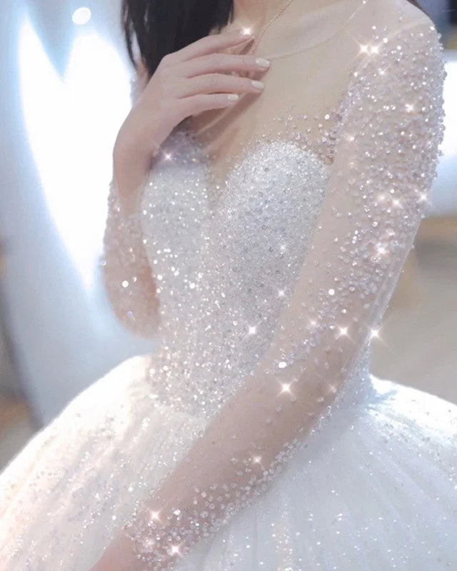 Sequins Wedding Dress Ball Gown With Beaded Long Sleeves Modern Bridal Gown