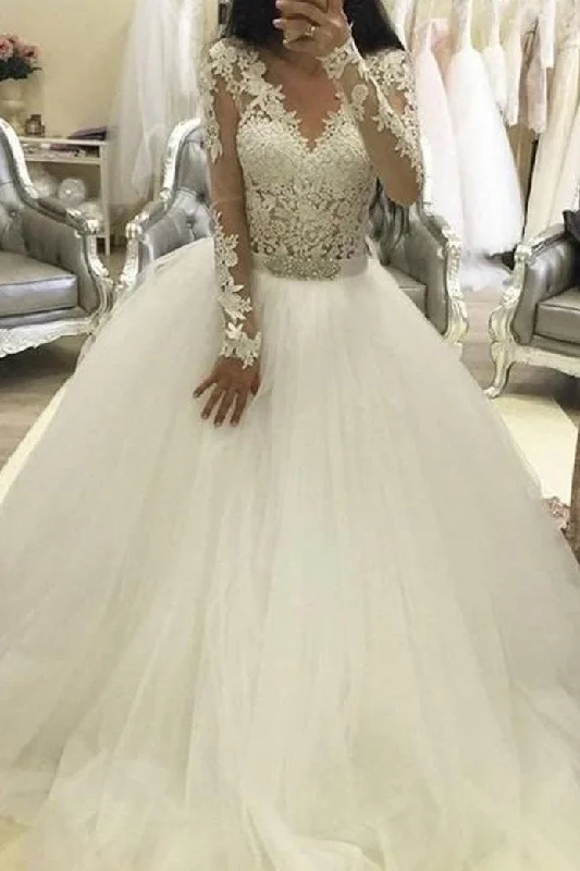 Ball Gown Long Sleeves V Neck Tulle Wedding Dress, Princess Long Bridal Dress With Lace N2081 Classic Bridal Gown