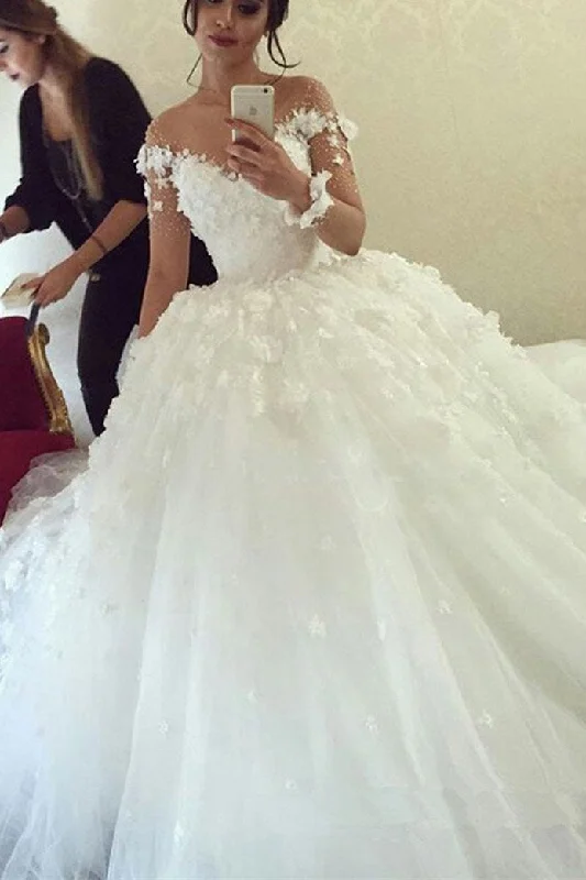 Ball Gown Sheer Neck Long Wedding Dress With Flowers, Long Sleeves Puffy Bridal Dress N2080 A-line Bridal Dress