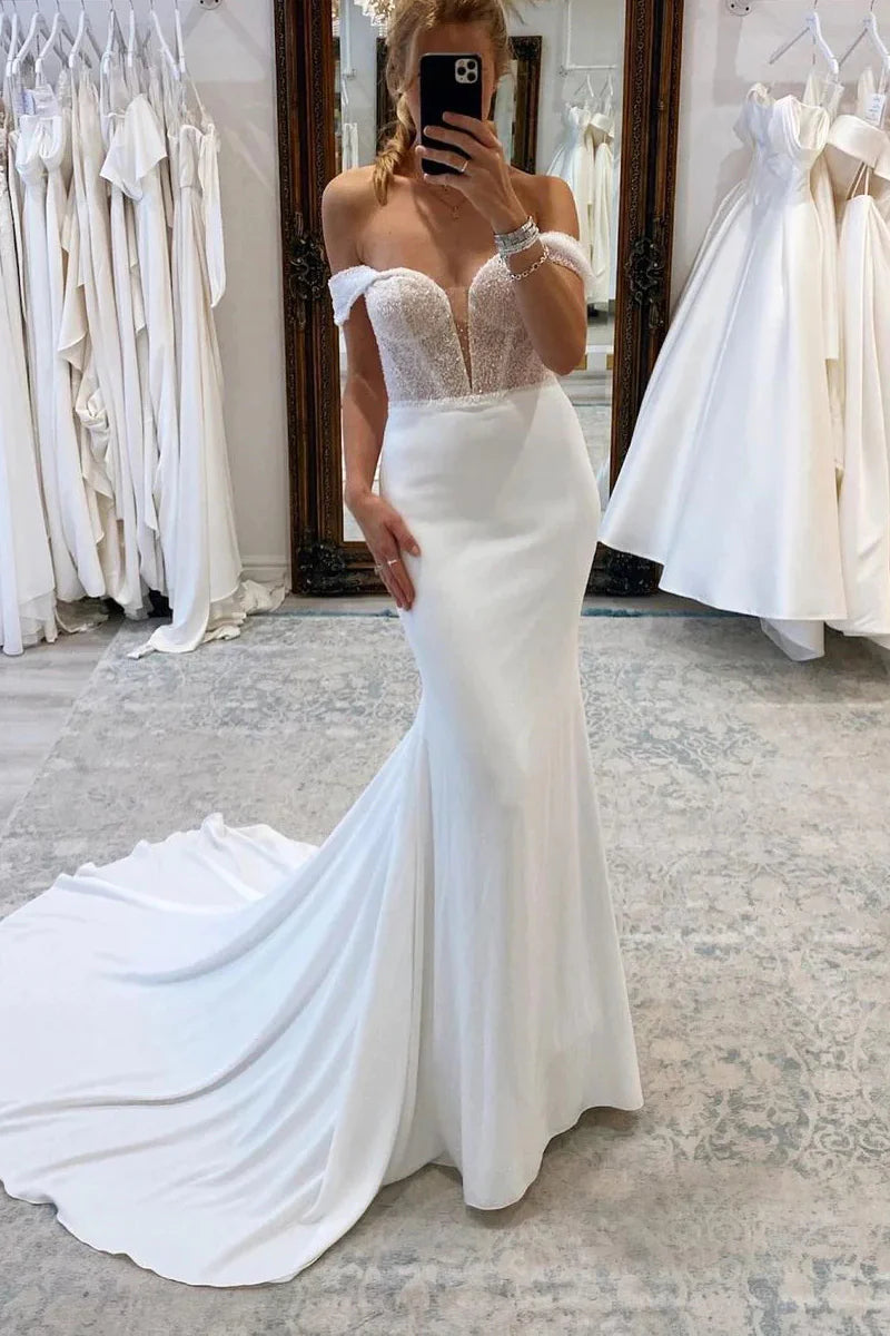 Charming Mermaid Off the Shoulder Satin Long Wedding Dresses with Beading Elegant Satin Dress