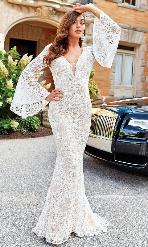 Clarisse - 600101 Lace Long Bell Sleeve Trumpet Dress White Lace Gown