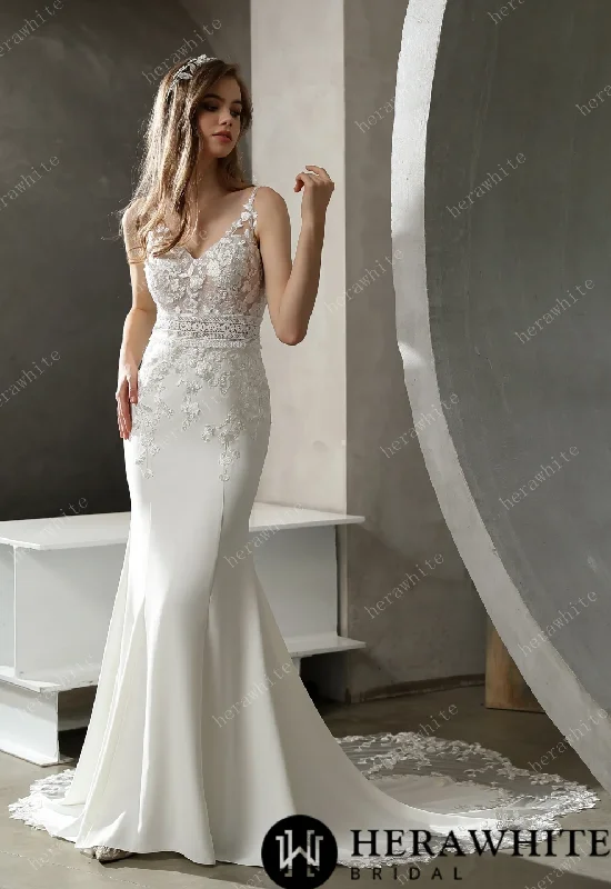 Crepe and Lace Fit and Flare Dress with Illusion Scalloped Train Soft Wedding Gown