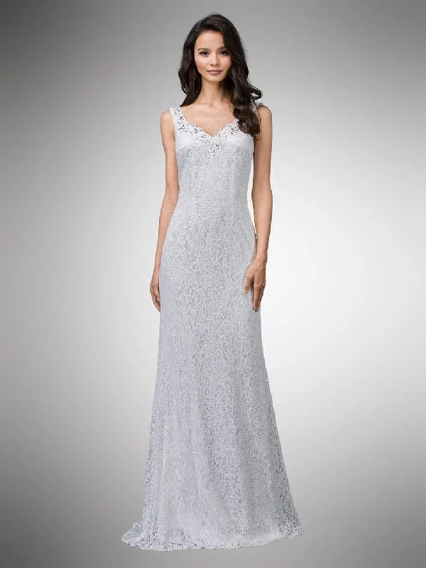 Dancing Queen Bridal - 9981 Bedazzled Lace V-neck Sheath Dress Lace Wedding Dress