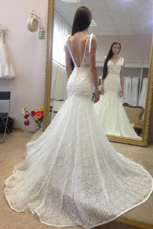 Deep V Neck Sleeveless Mermaid Lace Wedding Gown With Deep V Back Long Lace Bridal Dress N1088 Classic Satin Gown