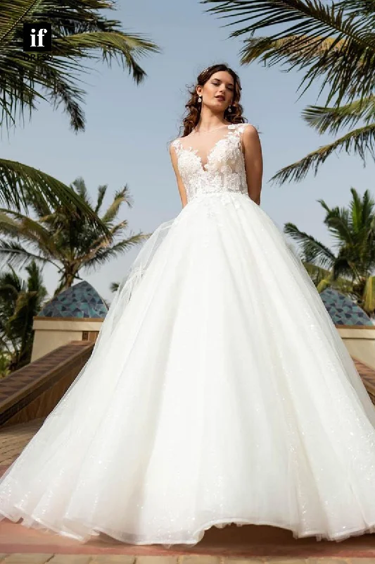 31624 - Casual A-Line Sleeveless Double Straps Tulle Beach Wedding Dress Sheer Wedding Dress