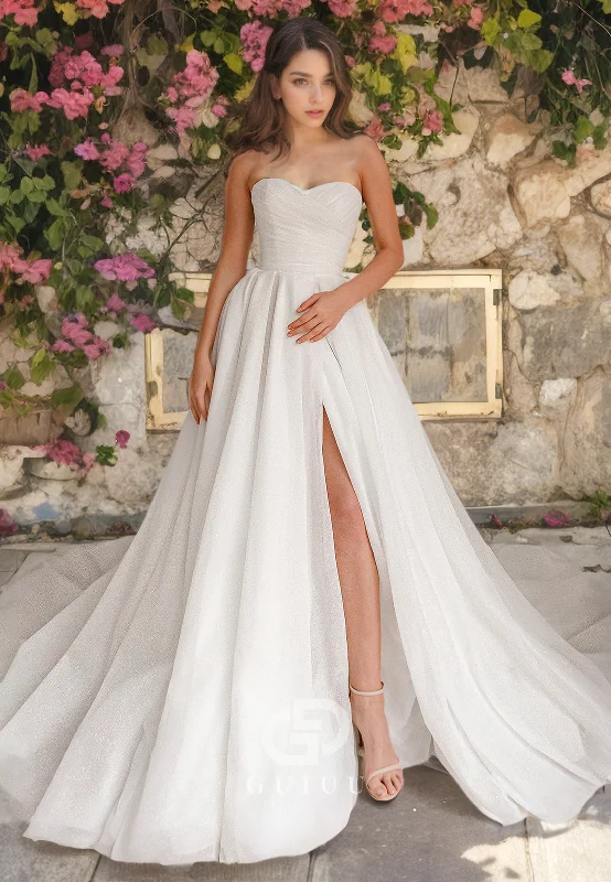 A-Line Strapless Sleeveless Pleated Satin Wedding Dress with High Side Slit and Train Ball Gown Wedding