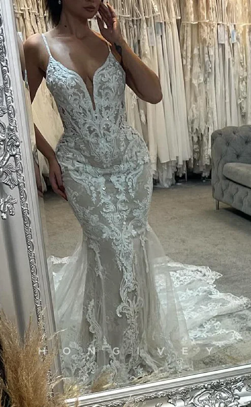 H1706 - Lace V-Neck Spaghetti Straps Fully Appliques Trumpet Wedding Dress Luxury Lace Gown