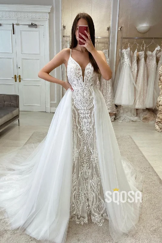 Trumpet V-Neck Spaghetti Straps Detachable Tulle Train Lace Applique Wedding Dress QW8103 Vintage Wedding Gown