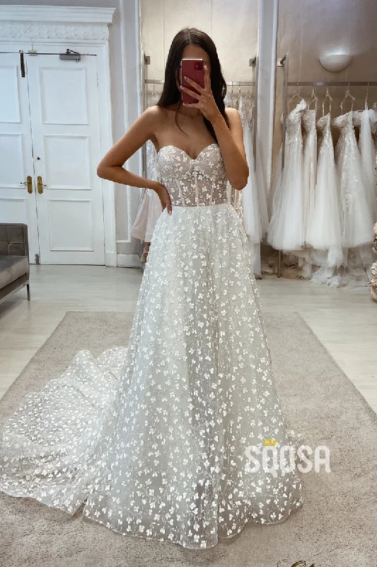 Sweetheart Strapless Tulle A-Line Appliques With Train Wedding Dress QW8104 Off-shoulder Bridal Dress