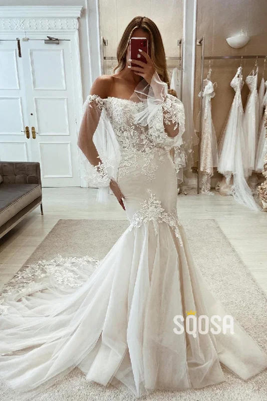 Off-Shoulder Long Sleeve Empire Lace Applique Sexy Trumpet With Tulle Train Wedding Dress QW8106 Modern Wedding Gown