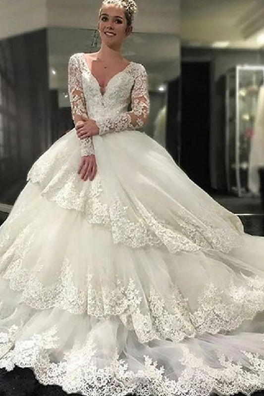 Ivory Deep V-Neck Long Sleeves Lace Appliques Chapel Train Tiered Wedding Dress N2083 Strapless Bridal Dress