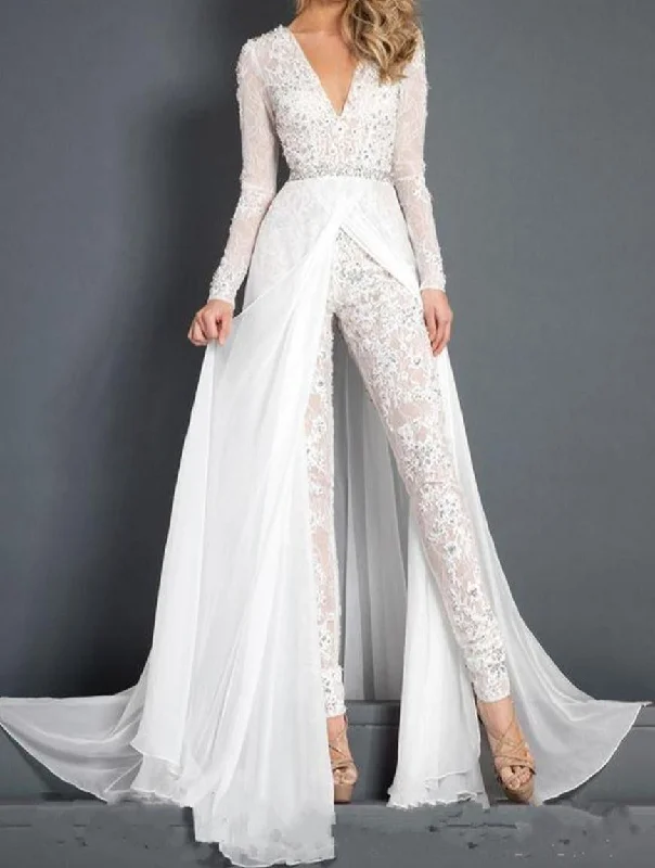 Lace Chiffon Wedding Dress Jumpsuit Beaded Beach V neck Bridal Gown Wedding Dress Long