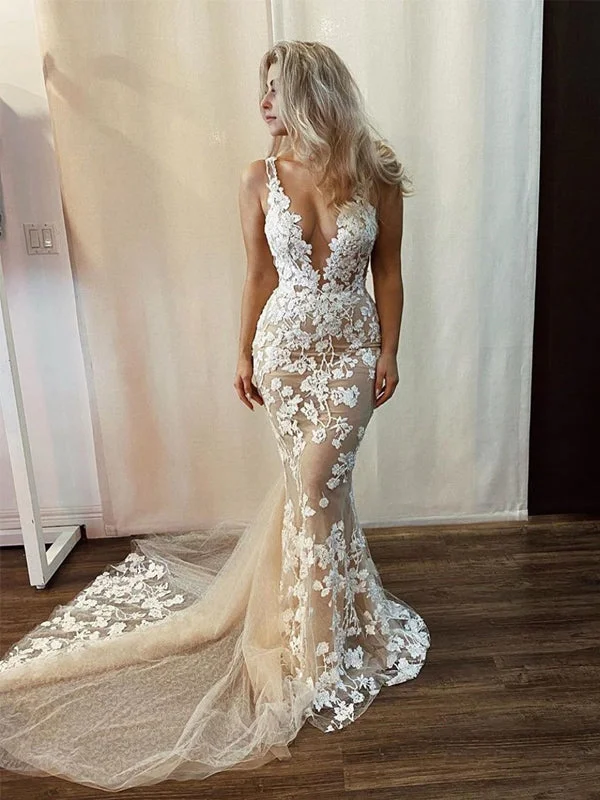 Sexy Deep V-neck Lace Appliqued Mermaid Long Cheap Wedding Dresses, WDS0048 Romantic Lace Dress