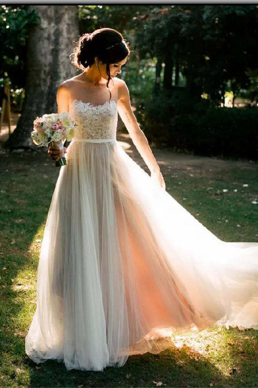 Simple Elegant A-line Lace Tulle Long Beach Wedding Dress Classic Satin Gown