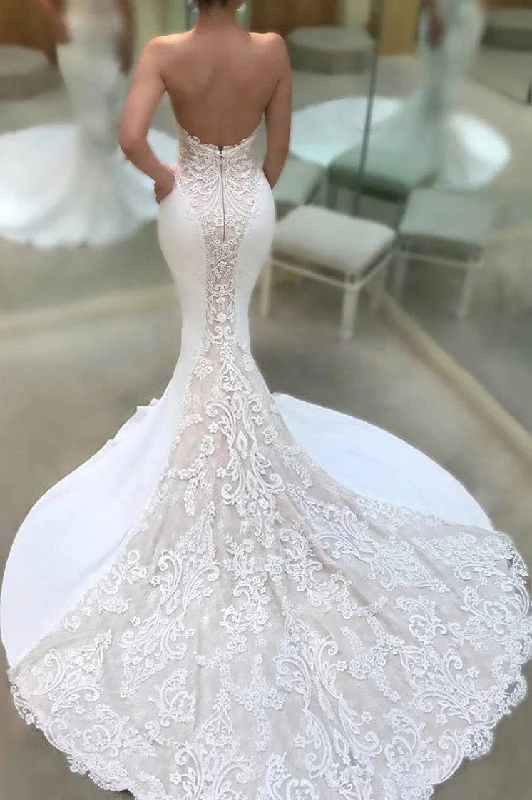 Strapless V-neck Mermaid Court Train Appliques Lace Wedding Dress N1089 Soft Wedding Gown