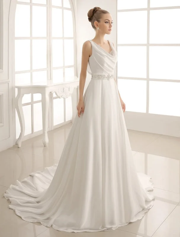 Turndown Collar Brides Wedding Dress With Pleated Satin Exclusive Satin Lace Gown