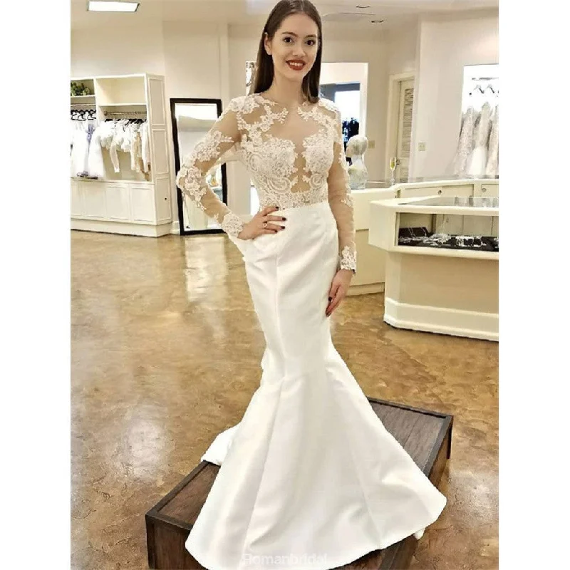 Unique Long Sleeves Lace Mermaid Open Back Fitted Wedding Dresses, WD0429 Tiered Wedding Dress