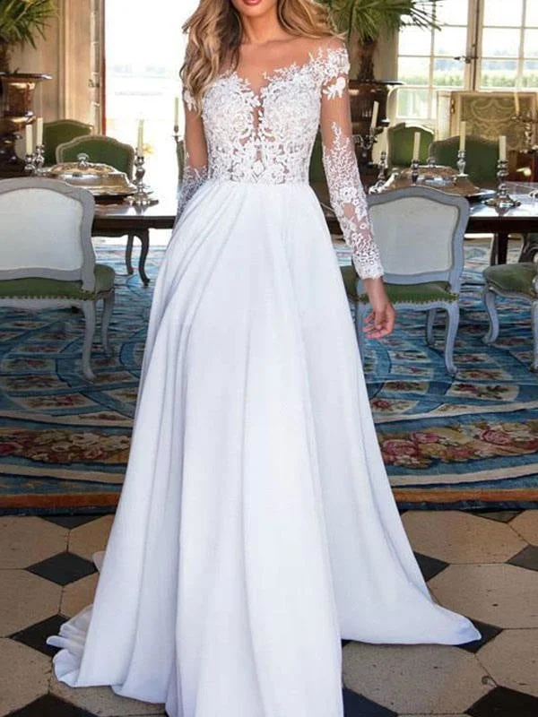 Wedding Dresses 2021 V Neck Long Sleeves Floor Length Lace Appliqued Buttons Chiffon Bridal Gowns Formal Wedding Dress