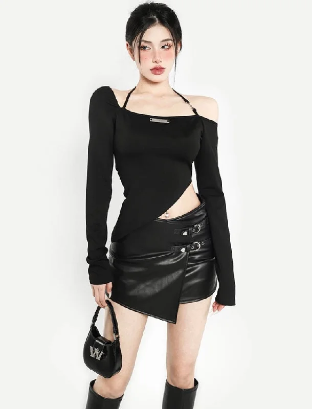 Mallory Solid Color Black Faux Leather Double Strap Asymmetrical Skirt Engagement unclassified skirts