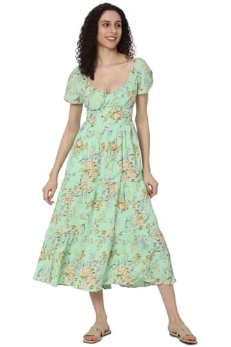 American Eagle Women's Polyester Blend A-Line Midi Dress (WES0397160300_Green Off-shoulder midi dresses