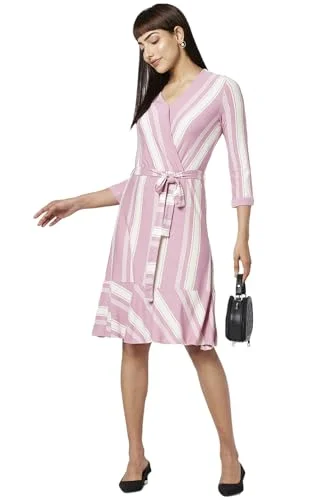 Annabelle by Pantaloons Women's Polyester Viscose Elastane Classic Midi Dress (110134438008_Pink Best midi dresses for plus size