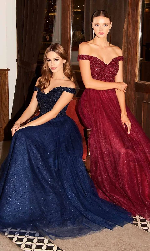 Cinderella Divine - Lace Off Shoulder Prom Gown CD0177 - 1 pc Burgundy In Size L Available Silk party dresses