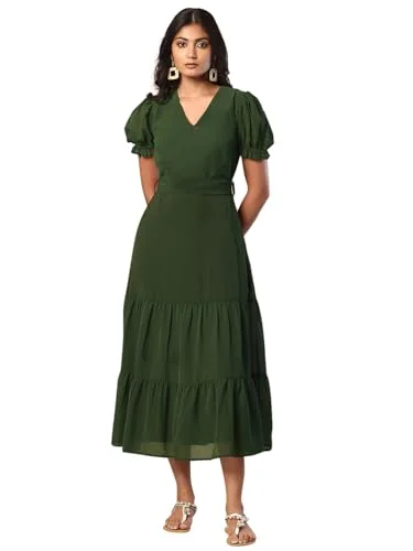 FabAlley Women's Chiffon Olive Green V-Neck Midi Dress with Tie Up Belt (DRS06375 Luxury midi dresses