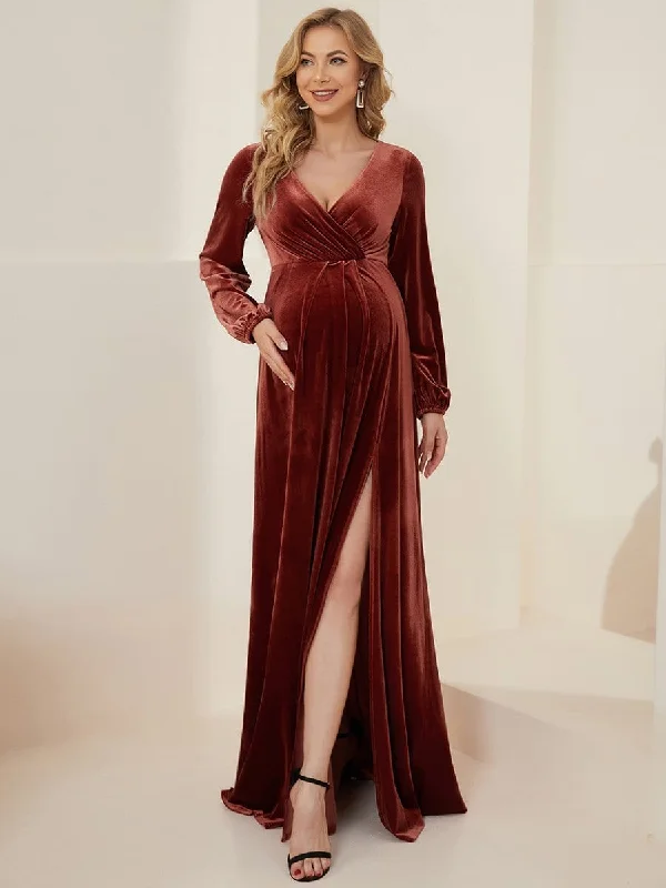 Long Sleeve Velvet V-Neck Front Slit Floor-Length Bump Friendly Dress Corset maxi dresses