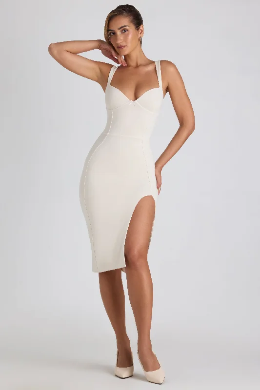 Modal Bow-Detail Sweetheart-Neck Midi Dress in Ivory Leather midi dresses